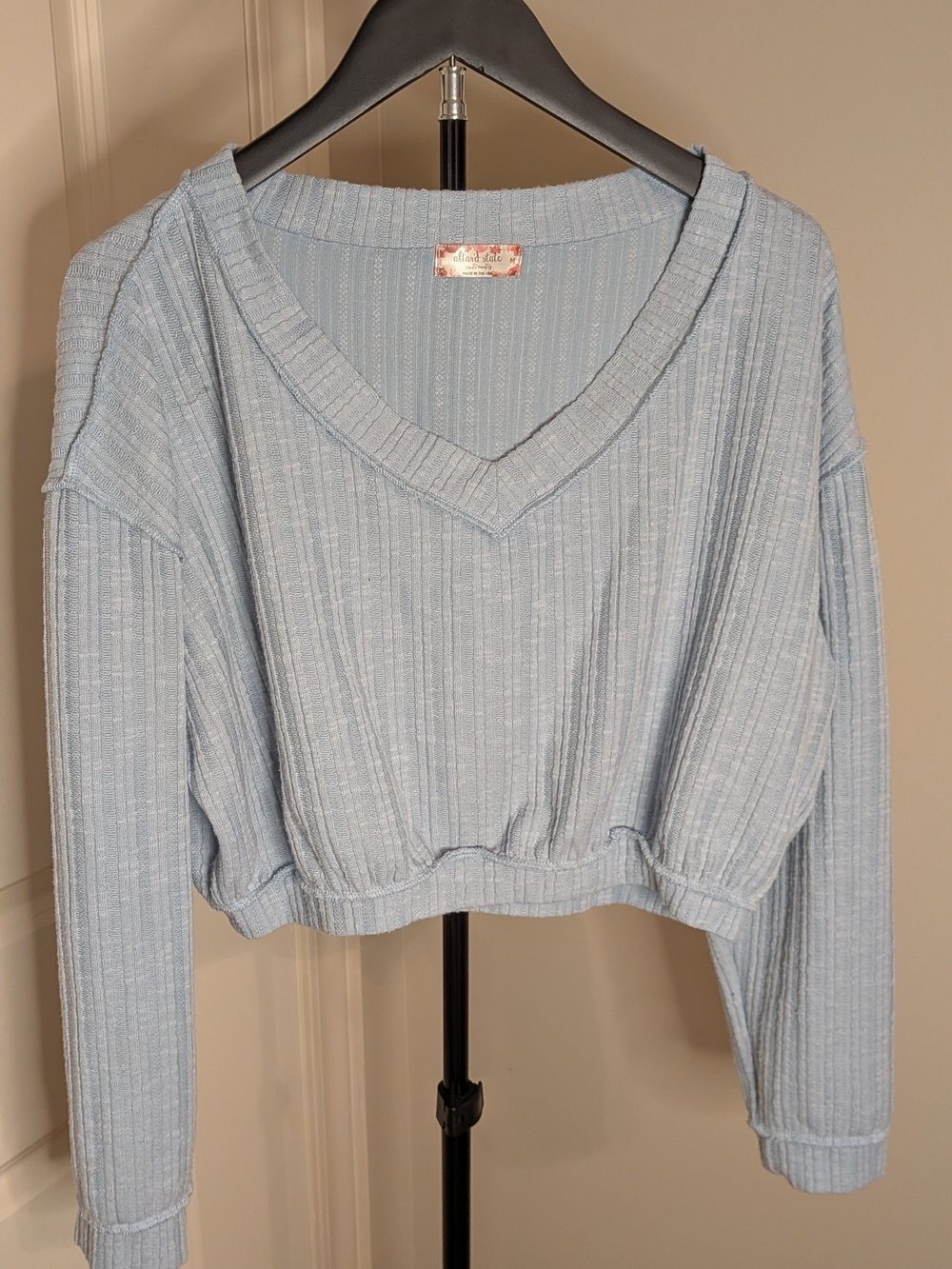 Altar'd State Light Blue Ribbed V-Neck Cropped Sweatshirt